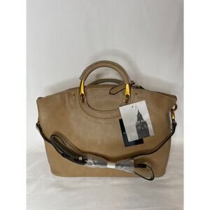London Fog Downing Satchel Top Handle Camel Leather Shoulder Strap Zip Top NEW